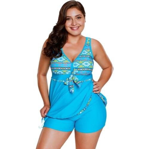 2019 New Nylon Womens Swimwear V Neck Tankini Skirt Swimsuits With Shorts Beachwear Bathing Suit Tribal Print Accent Swimdress