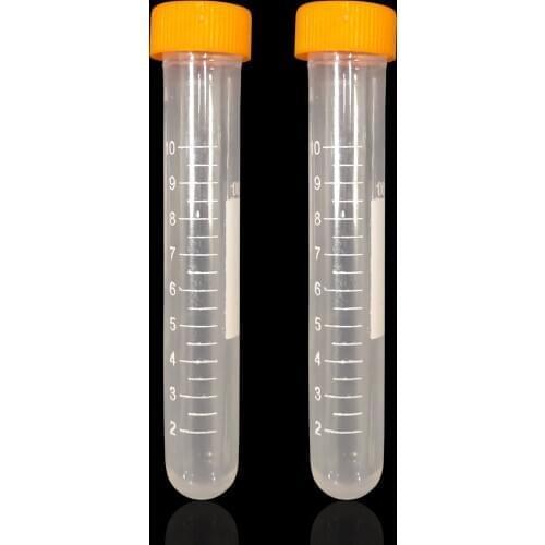 10ml Plastic Centrifuge Tubes, Round Bottom, Graduated Marks, yellow Screw Cap, Pack of 100pcs