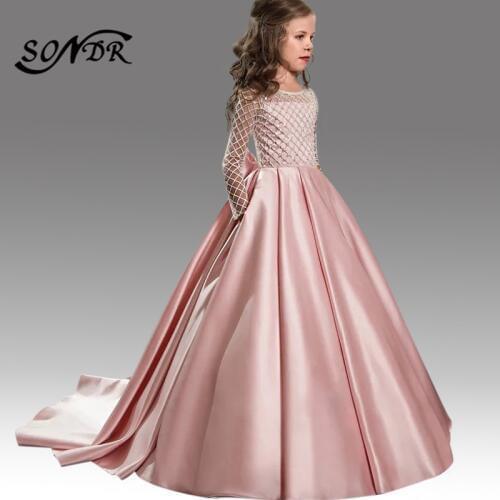 Back Bow Flower Girl Dresses HT194 O-Neck Long Sleeve Formal Communion Dress Beading Train Elegant Girls Princess Ball Gowns