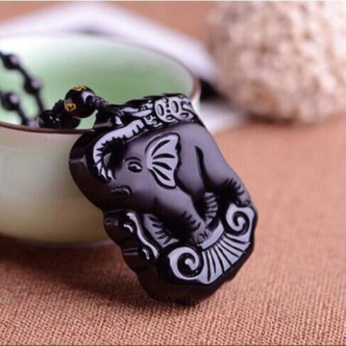 Natural Stone Obsidian Pendant Bead Necklace Black A Carved Elephant Jadee Fine Carving Polishing Lucky for Men Women