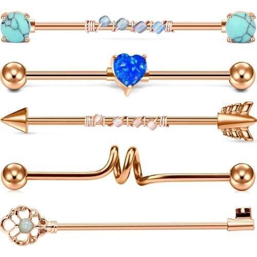 Industrial Barbell Piercing 14G Stainless Steel Industrial Piercing Bar for Cartilage Earring 5 Synthesis Opal Heart Rose Flower
