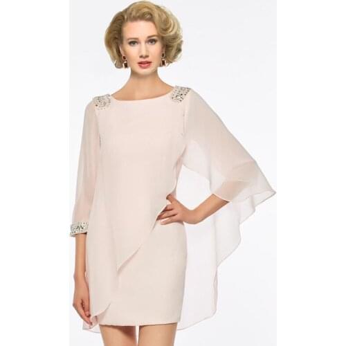 Simple Mother of The Bride Dresses Chiffon Three Quarter Sleeves Beading Sheath Formal Evening Gown Mother Dress for Weddings