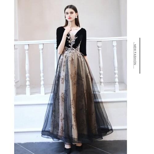 Real Photo Black Velour Illusion Evening Dress Gold Lace Special Occasion Dress Islamic Dubai Kaftan Saudi Arabic Prom Dress