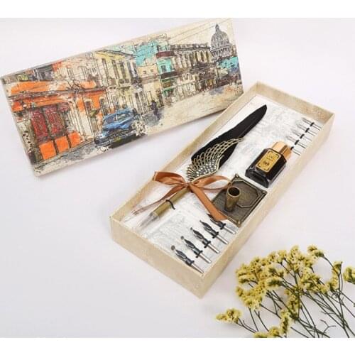 M17F Portable Retro Quill Pen Set Calligraphy Writing Pen w/ Pen Rod/Ink Bottle/10 Pcs Pen Nib/Pen Nib Base Business Gift