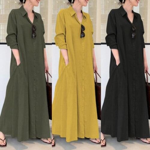 Sundress Summer Stylish Women Vintage Long Sleeve Loose Sundress Casual Long Maxi Dress Kaftan Femme Solid Party Vestido Robe