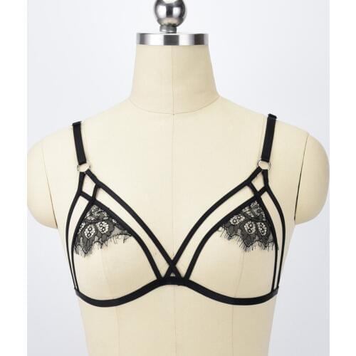 Sexy black Lace Sheer Lingerie Cage Bralette Elastic Adjust Straps Bra Bondage Goth Fetish Exotic Rave Wear Crop Tops Bustier
