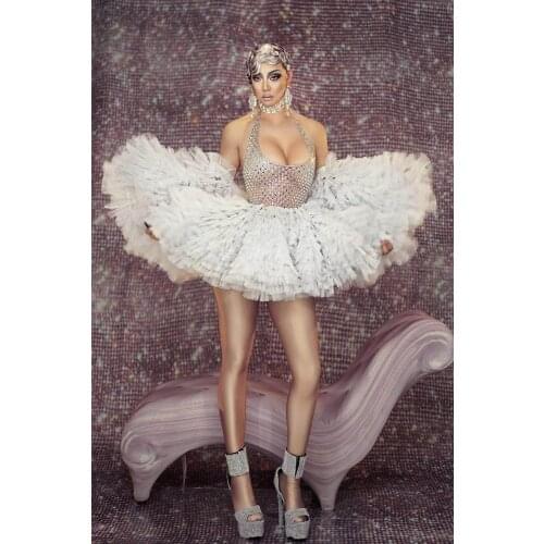 Silver Rhinestone Sexy Halter Ball Gown Nightclub Dress Women Show Stage Costume Big Sleeve Celebrity Party Dress