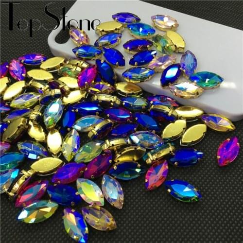 TopStone Colors AB Horse Eye Sew On Glass Crystal Navette Fancy Stone with Gold Claw Setting for Dress Making