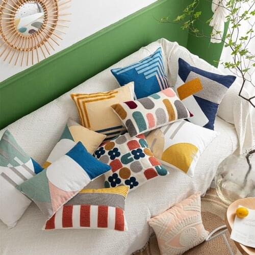 Embroidered Cushion Cover 45x45cm/30x50cm Nordic Geometric Floral Canvas Cotton Square Pillow Covers Decorative Pillow Case