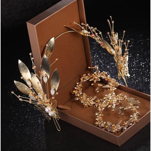 Retro Baroque Handmade Big Gold Leaf Feather Bridal Headband Wedding Pearl Hairbands Beads Headpieces Bride Hair Jewelry