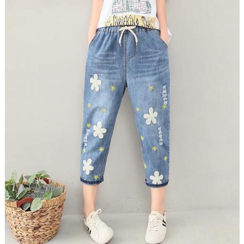 Japanese Mori Girl Sweet Flower Embroidery Demin Pants Women Vintage Elastic Waist Hole Female Vestido Calf-Length Jeans U208