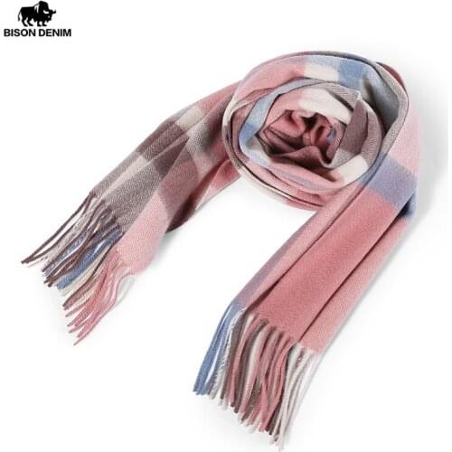 BISON DENIM 100% Genuine Wool Scarf Women Thicken Windproof Womens Scarves Fashion Plaid Winter Womens Scarf K0040