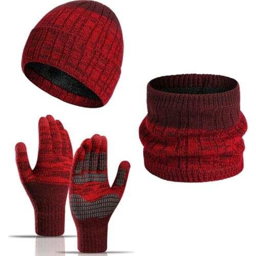 Men Women Winter 3 Pieces Knitted Beanie Hat Scarf Non-Slip Touch Screen Gloves Set Thicken Thermal Plush Lined Skull Cap H9ED