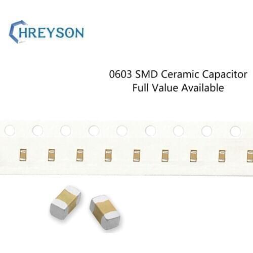 100Pcs 0603 SMD Capacitor Electronics Set 5% 10% 1608 110pF-100nF 180pF 33nF 6.3V 16V 50V 103K 333K Full Value Available DIY Kit