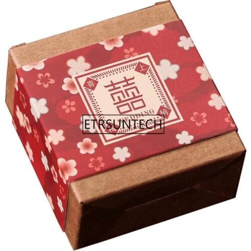 300pcs 7*7.5*4cm Traditional Chinese Style Double Happiness Candy Box Wedding Party Gifts Kraft Paper Packaging Box