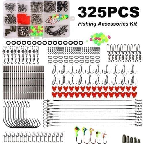 325pcs/Box Fishing Accessories Tackle Kit Include Hooks Swivels Snaps Weights Jigs Rings Wire Leaders Sleeves Fishing Set