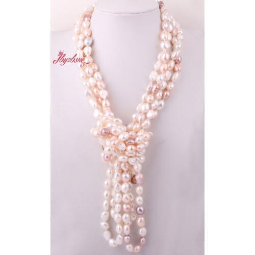 8-10mm Freeform Freshwater Pearl Natural Stone Beads Fashion Handwork Knot For Woman Christmas Gift Necklace 60" Not Button