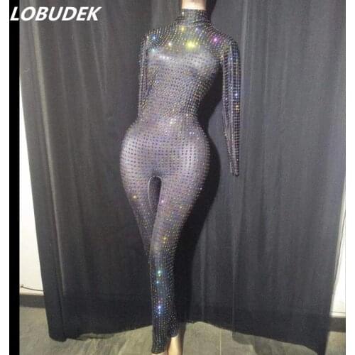 Sparkly Black Rhinestones Spandex Jumpsuit Long Sleeve Skinny Elastic Stage Wear Women Birthday Party Outfit Singer Sexy Costume