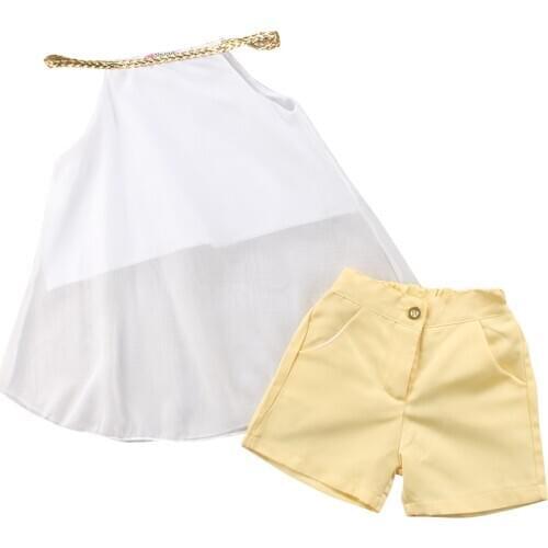 Toddler Kids Girl Summer Chiffon Sleeveless White Tops Shirt + Yellow Shorts 2pcs Outfits Set Kid Girl Casual Clothes 2-11Y