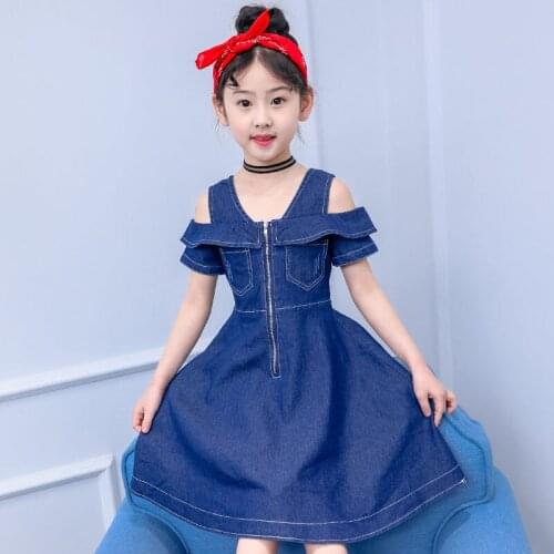 Girls Summer Dress Off Shouder Denim Dress for Girls Cowboy Party Dress Casual Teenage Kids Girls Clothes 4 6 8 10 12 Years