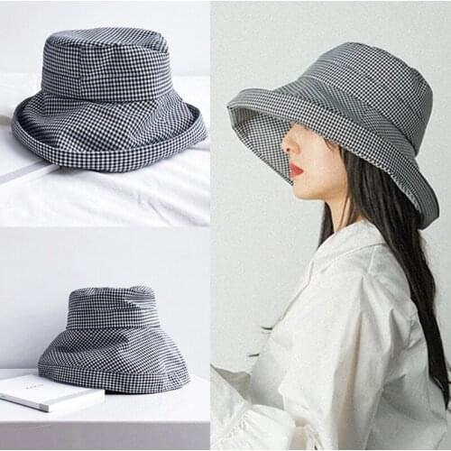 Classic Plaid Visor Grid Pattern Sunhat Foldable Summer Women Girls UV Isolation Beach Hat Adjustable Outdoors Posing