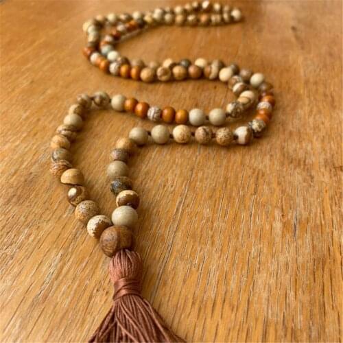6mm Natural Picture Stone Gemstone 108 Beads mala Knot Necklace Buddhism Chic Classic Bless Meditation Spirituality Yoga Cuff