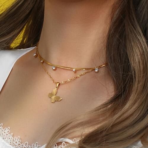 2021 Summer Hot Tarnish Free Stainless Steel Texture Butterfly Stud Earring Pendant Necklaces Gold Butterfly Jewelry Set