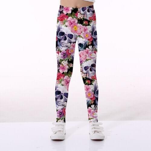 Girls 4-10 Y Spring Ankle Length 3D Print Skulls Flowers Pattern Leggings Pants Mid-Waist Elastic Sports Underwear Trousers