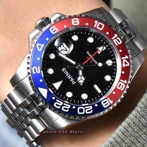 40mm Parnis Mechanical Watches Black Red Bezel GMT Diver Watch Full Stainless Steel Sapphire Automatic movement mens Watch