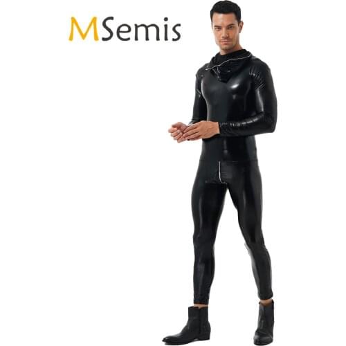 Mens Full Hooded Bodysuit Stretchy Skinny Jumpsuits Patent Leather Stage Performance Clubwear Zipper Back Sexy Playsuit Jumpsuit