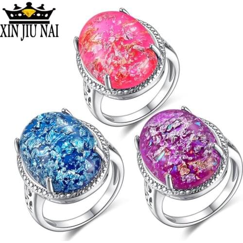 Male Female Big Pink/Blue/Purple Opal Wedding Ring Boho Fashion 925 Silver Jewelry Luxury Engagement Rings For Men And Women