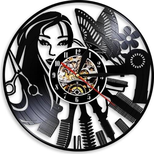 Barber Shop Wall Art Decor Barber Instrument Vinyl Record Wall Clock 3D Wall Watches Modern Design Beauty Salon Decor