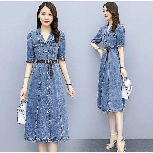 New Summer Women Dresses Thin Style Notched Collar Single Button Belt Collect Waist Slim Solid Jeans For Females Denim One-Piece