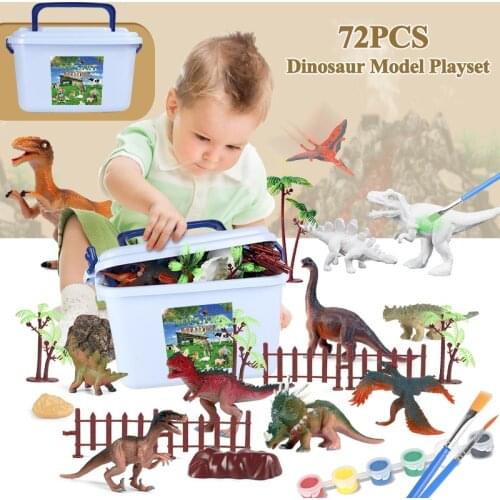 Oenux 72PCS Jurassic Model Set Action Figures DIY Painting Dinosaur Animals Model PVC School Project Kid Toy Xmas Gift With Box