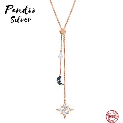 PANDOO Fashion Charm Genuine 925 Silver Original 1:1 Copy, Shining Stars Moon Tassel Necklace Women Luxury Jewelry Gifts