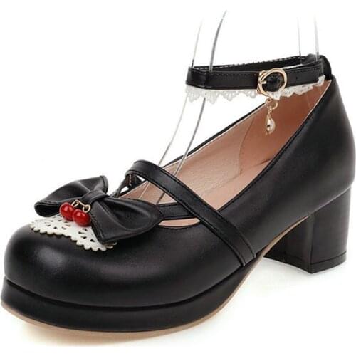 Cross buckle thick mid-heel lace princess fairy shoes round toe shallow mouth comfortable single shoes
