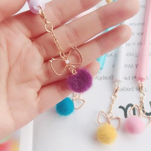 Bowknot pendant pen ballpoint Lovely black color ink pens Pom chain decoration Gift office school supplies