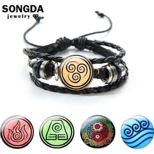 SONGDA Hot Avatar The Last Airbender Leather Bracelet Air Nomad Fire And Water Tribe Glass Pendant Bracelet Friends Gifts Unisex