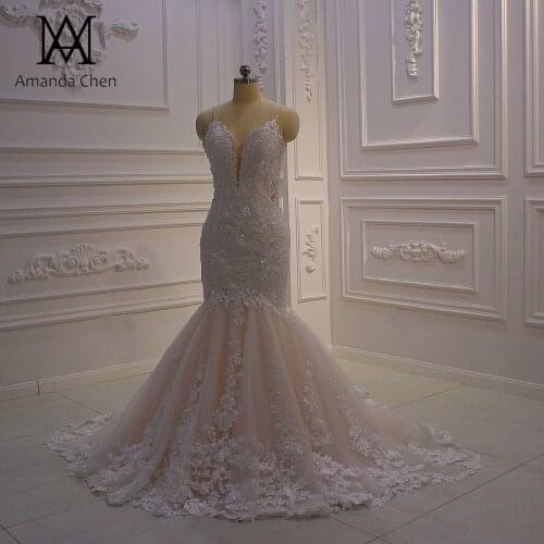 Vestido de noiva simples Spaghetti Straps Lace Applique Mermaid Wedding Dress