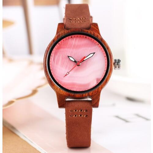 Unique Women Watch Wood Luxury Coral Blue Chic Red Casual Quartz Wooden Clock For Women Genuine Leather Wrist Watch Reloj Mujer
