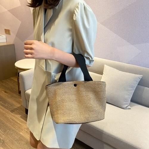 Vintage Hand-woven Womens Handbag Fashion Straw Bag Summer Beach Bag Leisure Vacation Straw Woven PU Stitching Handbag