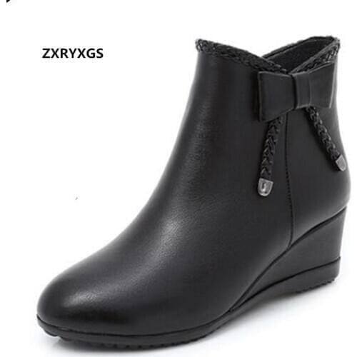 2020 New Top Cowhide Bow Autumn Leather Boots Fashion Elegant Wedge Ankle Boots Large Size Warm Winter Shoes Womans Boots Black