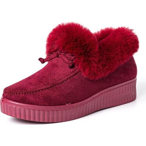 Women Ankle Boots Winter Warm Plush Suede Leather Snow Boots Casual Fashion Round Toe Bowknot Fluffy Fur Flat Platform Boots New