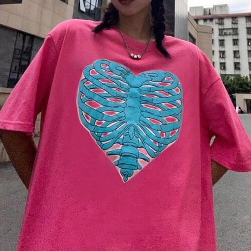 Skeleton Print Goth Style Women T-shirts Summer Short Sleeve Harajuku Loose T Shirt Basic Tee Streetwear Crop Tops Oversized