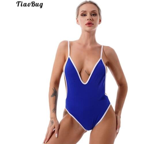 TiaoBug Summer Women One-Piece Swimming Suit Deep V Neck Straps Open Back Hollow Out Side Leotard Jumpsuit Bodysuit Swimwear