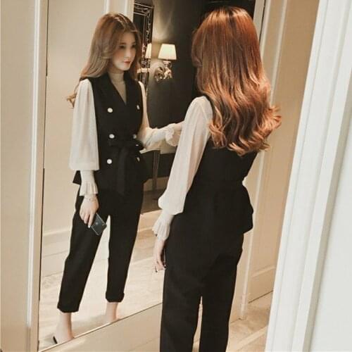 2021 Women Autumn Winter Casual Set Female Sashes Button Vest + Stand Collar Top + Harem Pant 3 Piece Set Lady Elegant Suit D474