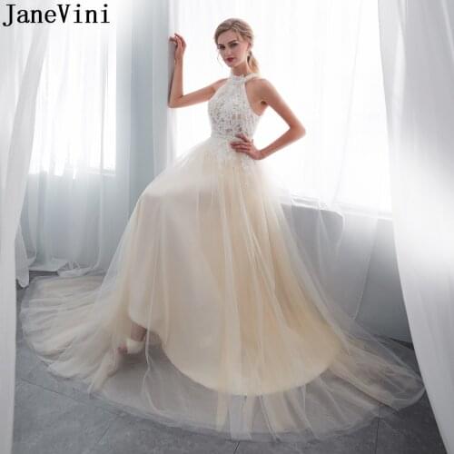 JaneVini Champagne Tulle White Lace Prom Dresses Long 2020 Beaded Pearl Ladies Illusion Button A Line Formal Evening Party Gowns