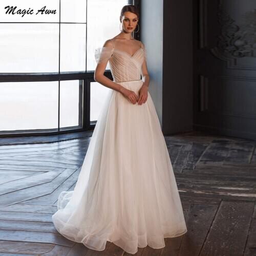 Magic Awn Elegant Princess Wedding Dresses Illuison Off Shoulder Beaded A-Line Boho Mariage Gowns Lace Up Back Robe Mariee 2021