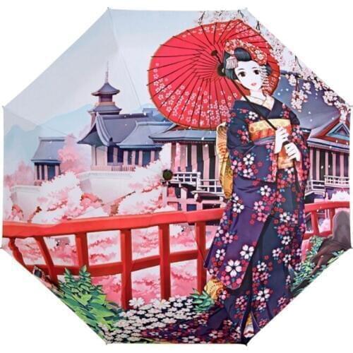 Creative Illustration Japanese Sakura Girl Rain / Sun Umbrella 3 Folding Thickening Sunshade Anti UV Women Art Umbrellas
