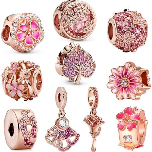 1Pcs New Beautiful Rose Gold Flowers Pendant DIY Beads Suitable for Original Pandora Charm Bracelet Ladies Jewelry Making Gift